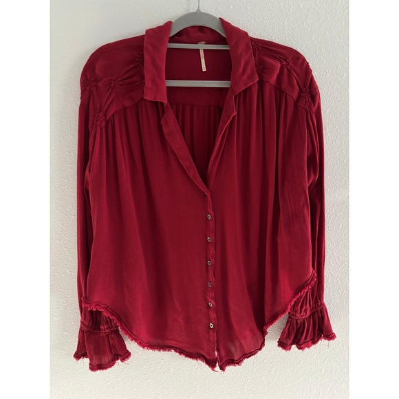 Free People Olivia Long Sleeve Top Womens XS Red Oversized Button Down Festive‎ - Picture 3 of 6
